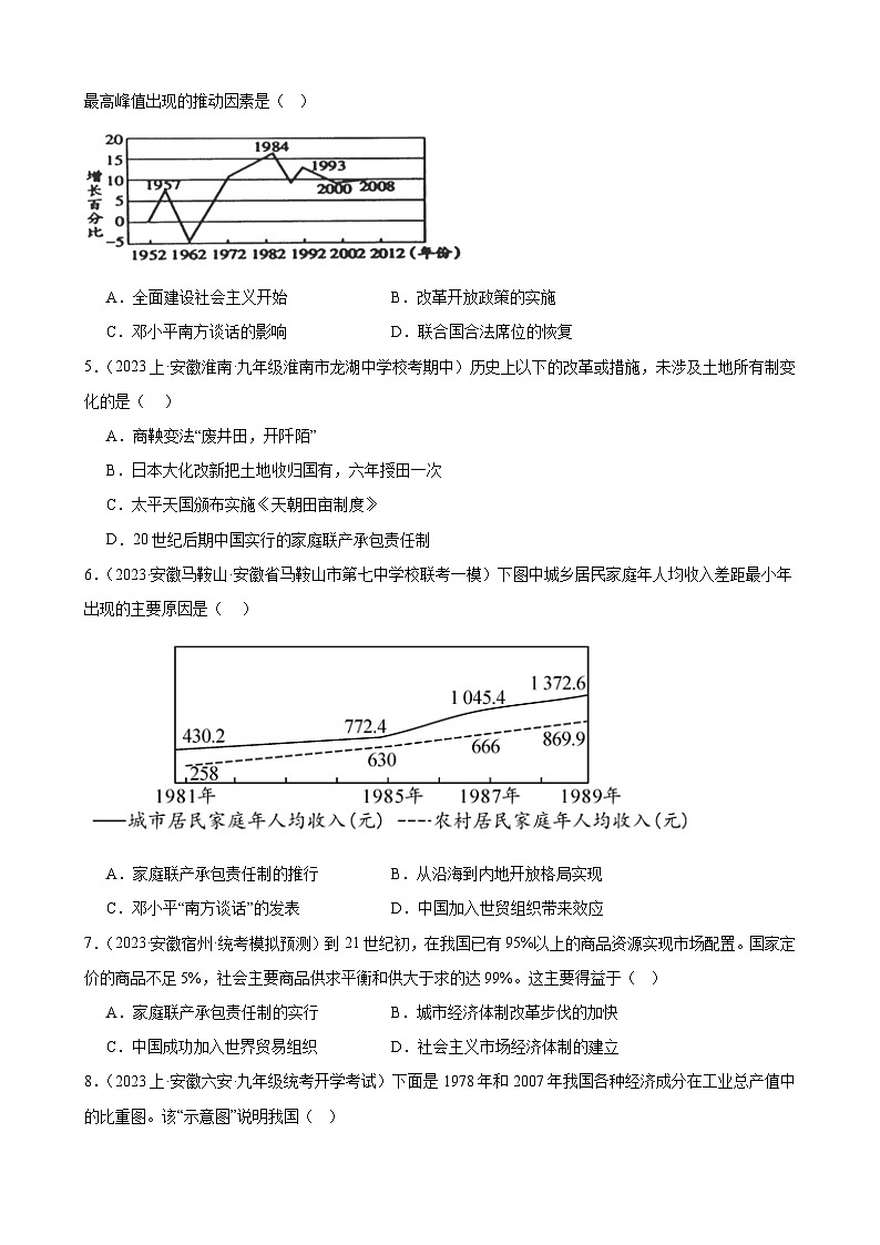 2024年安徽省九年级历史中考一轮复习题选编—— 中国特色社会主义道路（含答案）第2页
