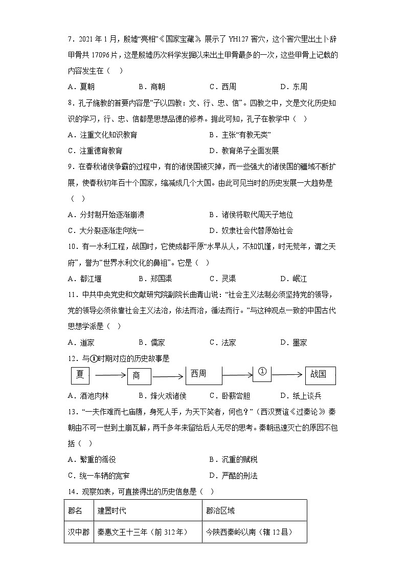 湖南省衡阳市城区2023-2024学年七年级上学期期末考试历史试题（含解析）02