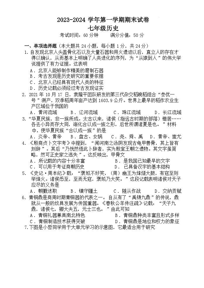 江苏省无锡市侨谊教育集团2023-2024学年七年级上学期期末历史试卷（Word版含答案）第1页