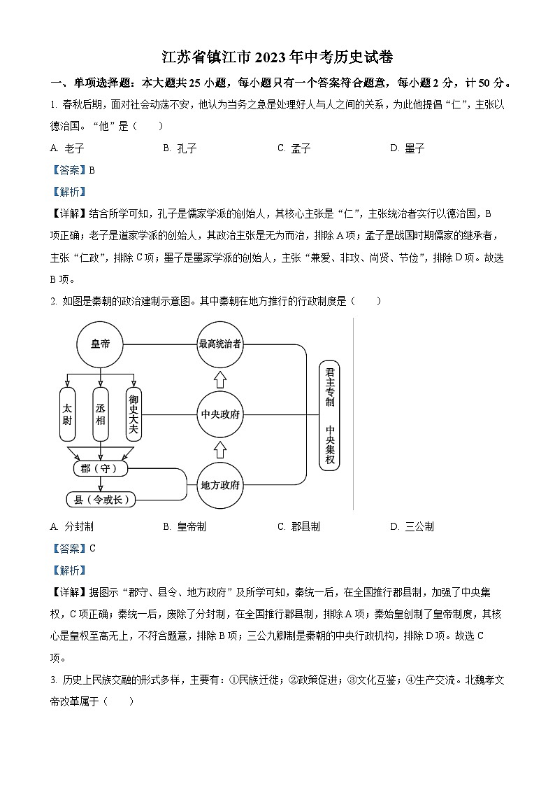 2023年江苏省镇江市中考历史真题01