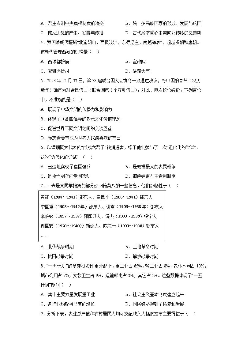 湖南省邵阳市2023-2024学年九年级上学期期末历史试题（含解析）02