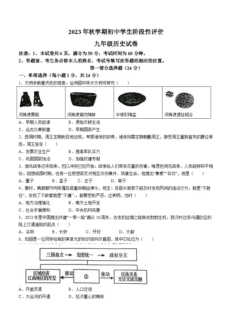 江苏省泰州市兴化市2023-2024学年九年级上学期期末历史试题（含答案）01
