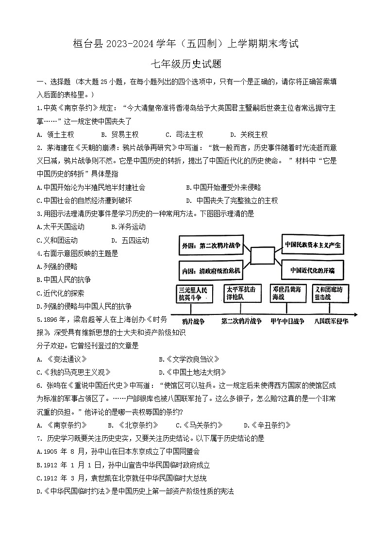 山东省淄博市桓台县2023-2024学年七年级上学期期末历史试题（五四学制）第1页
