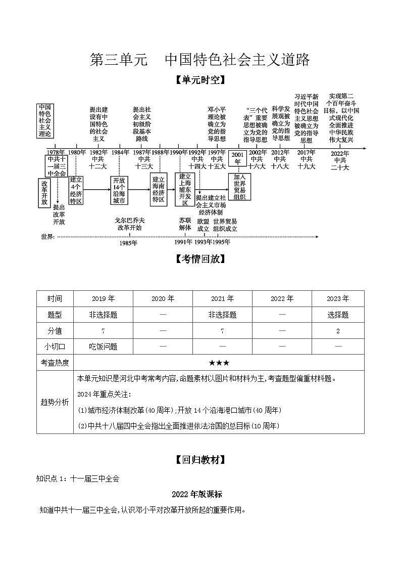 2024年河北省中考历史一轮复习中国现代史第三单元中国特色社会主义道路导学案01