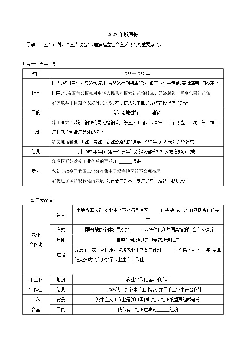 2024年河北省中考历史一轮复习中国现代史第二单元社会主义制度的建立与社会主义建设的探索导学案02