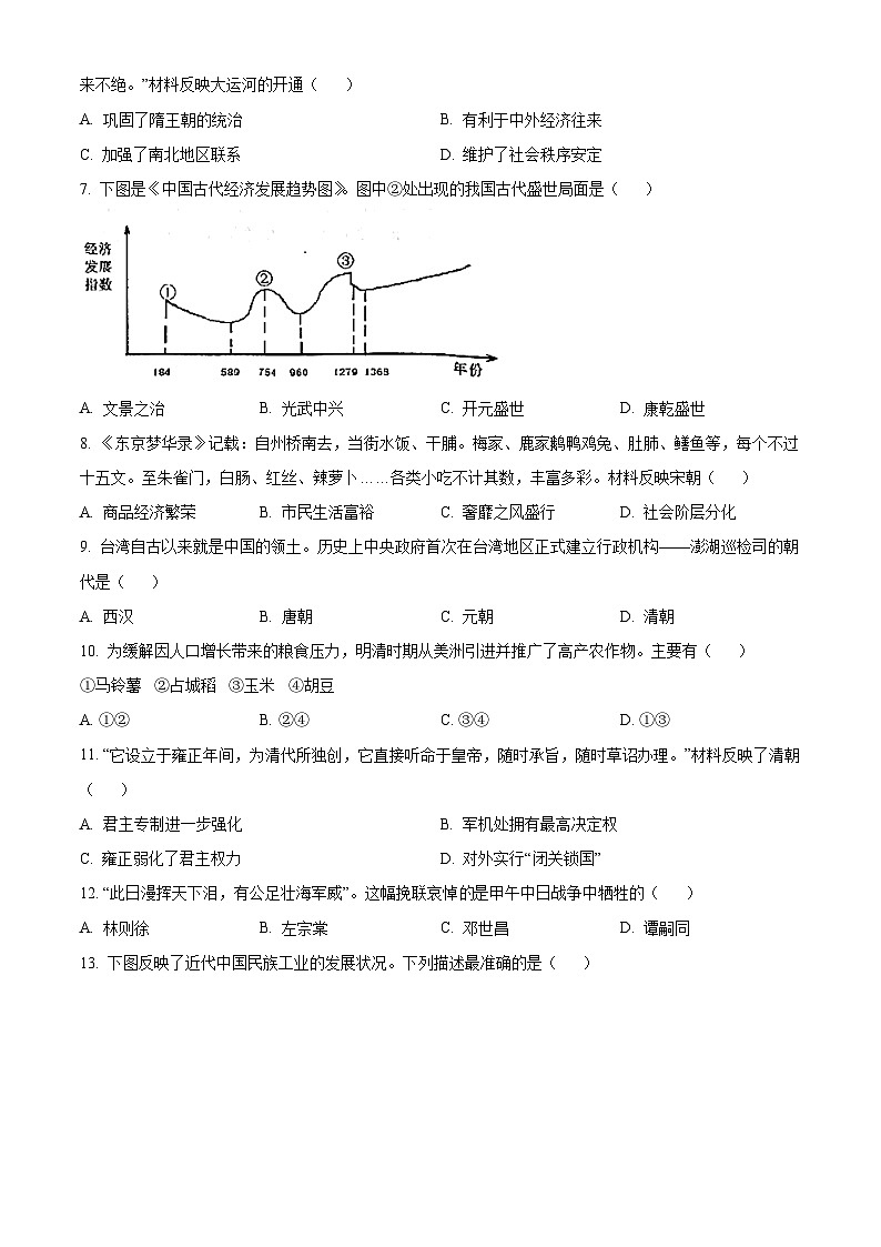 2023年江苏省泰州市中考历史真题（原卷版）02
