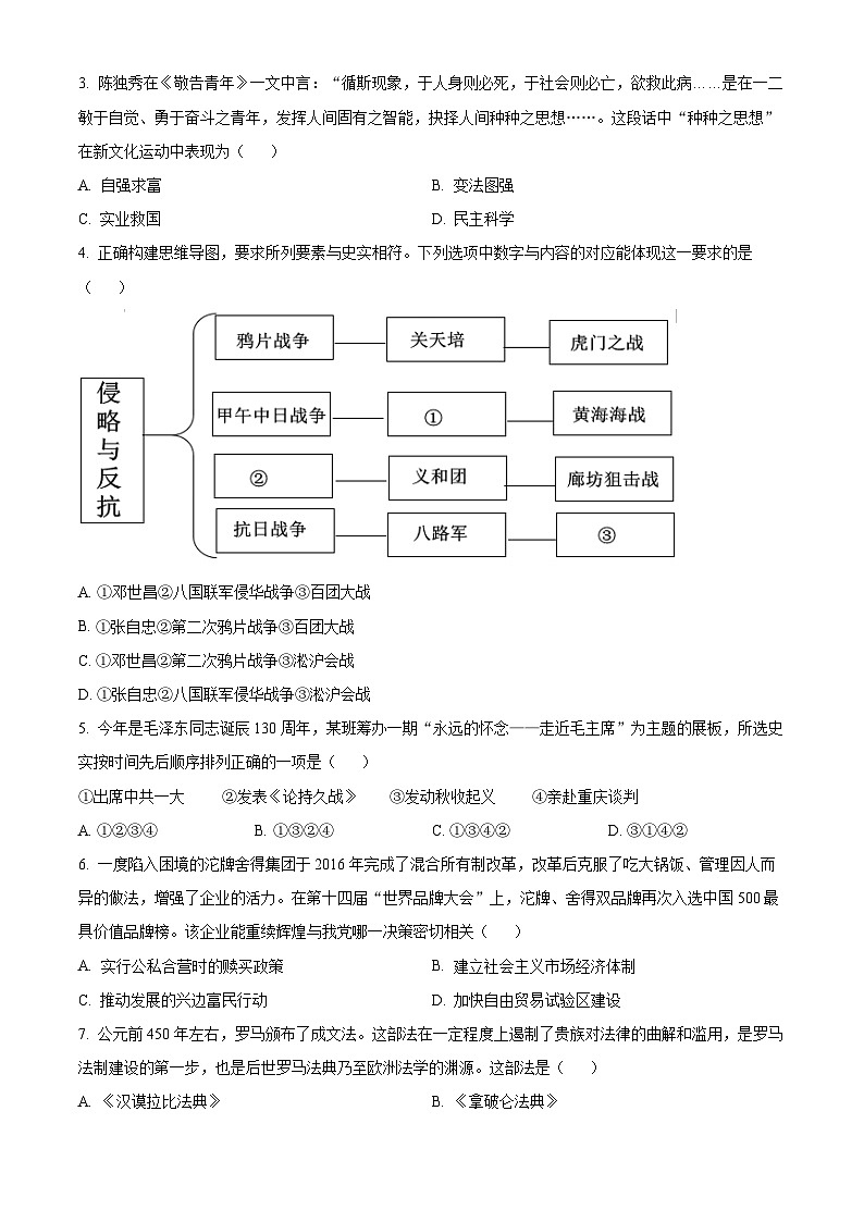 2023年四川省遂宁市中考历史真题（原卷版）02