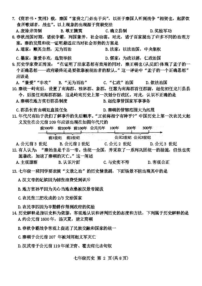 山东省临沂市费县2023—2024学年七年级上学期期末历史试题02