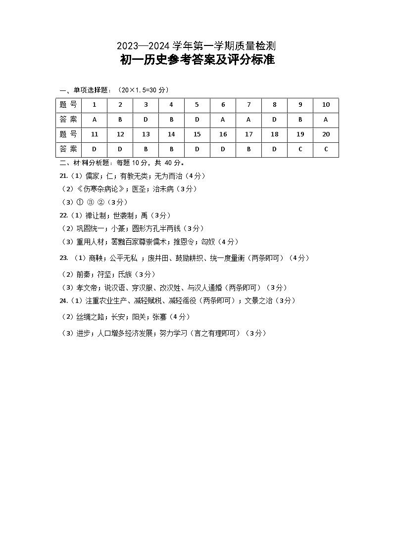 山东省威海市威海经济技术开发区（五四学制）2023-2024学年六年级上学期1月期末历史试题01