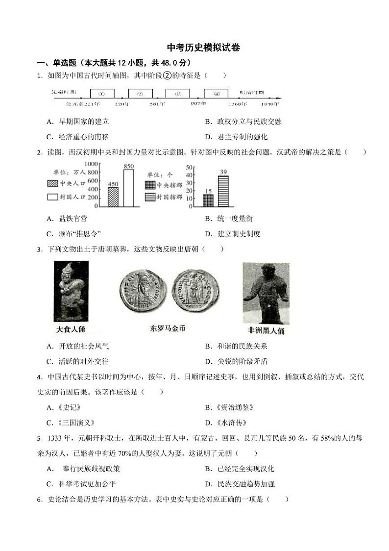 湖南省长沙市中考历史模拟试卷五套（附参考答案）第1页