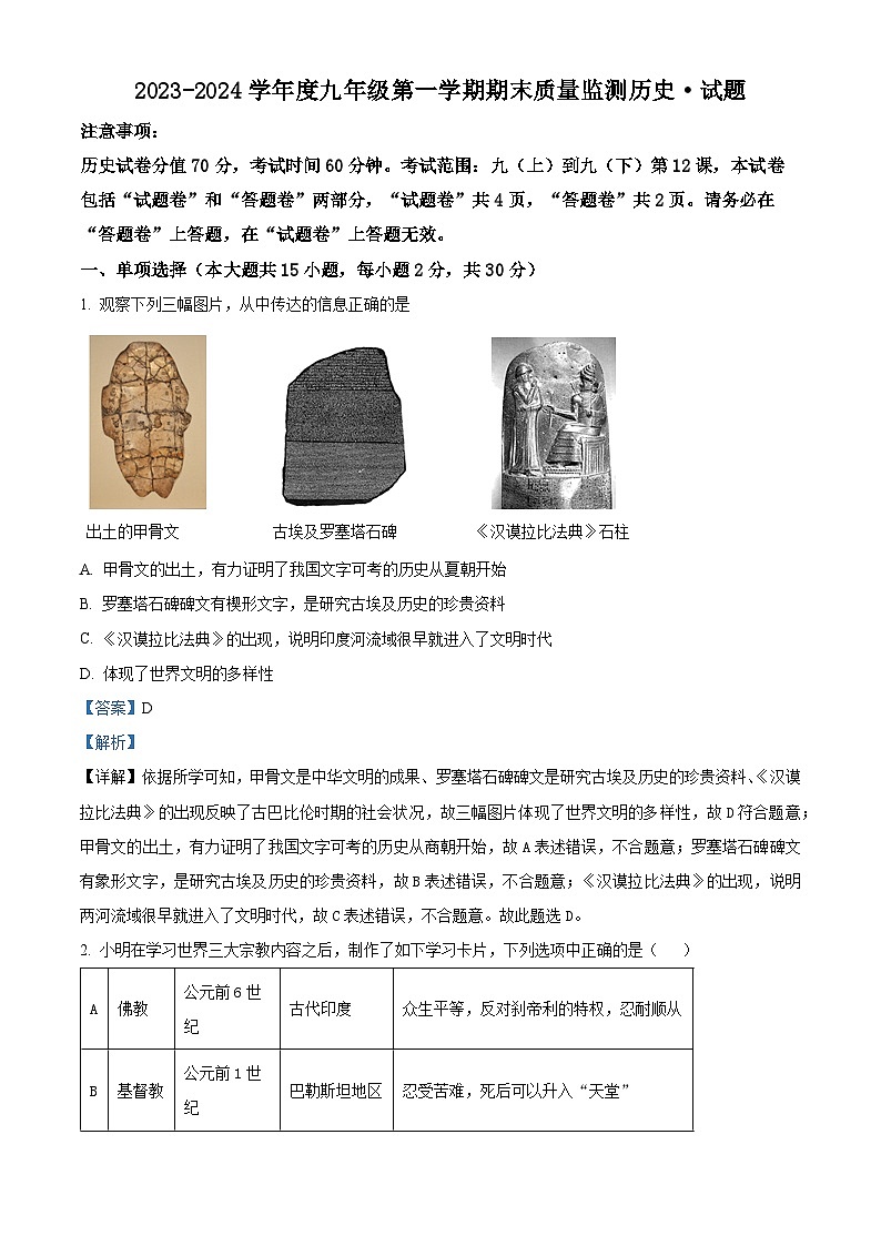 安徽省淮南市寿县广岩初级中学2023-2024学年度上学期期末检测九年级历史试题docx第1页