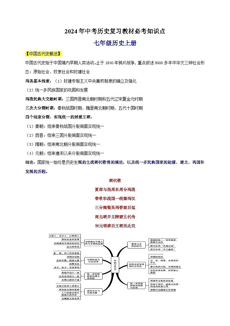七年级历史上册-2024年中考历史复习教材必考知识点教案（人教部编版统编版）01