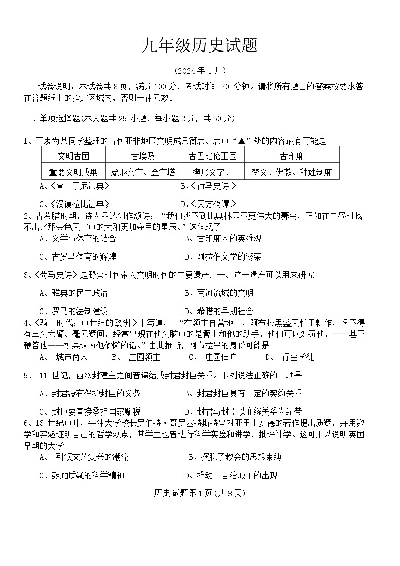 山东省德州市庆云县2023-2024学年九年级上学期期末考试历史试题(1)第1页