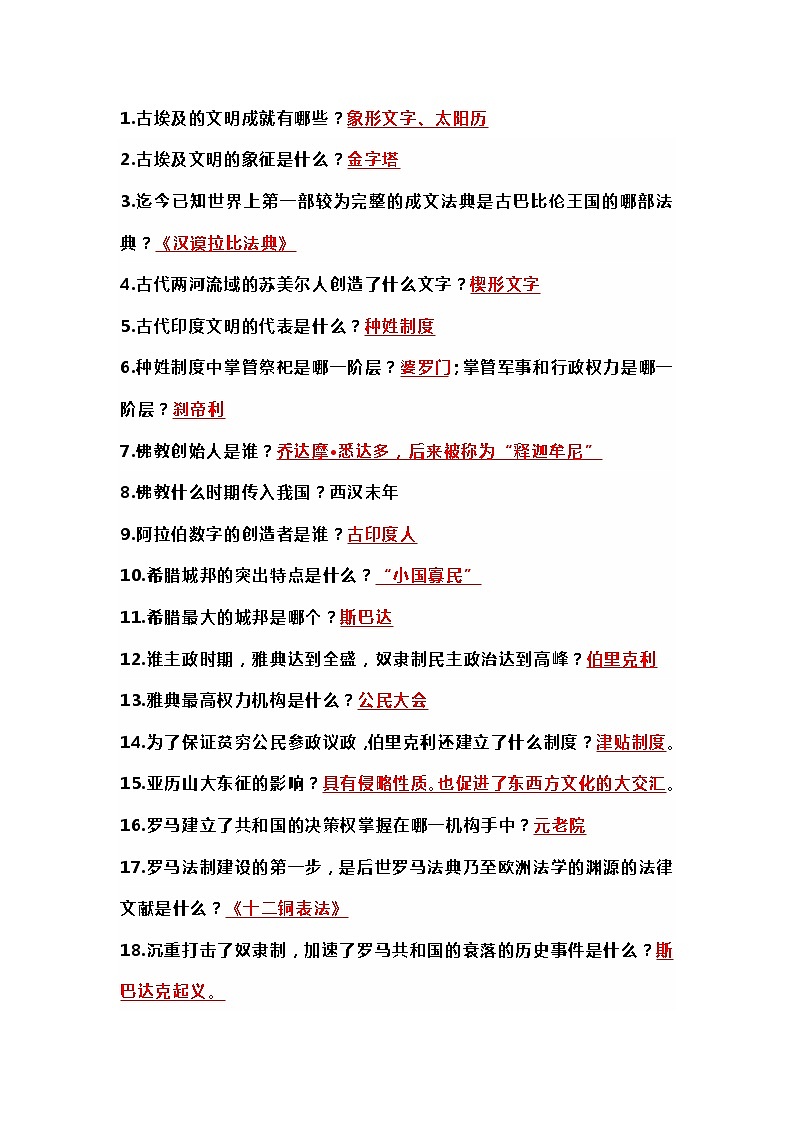 九年级历史全册130个必考知识点速记清单第1页