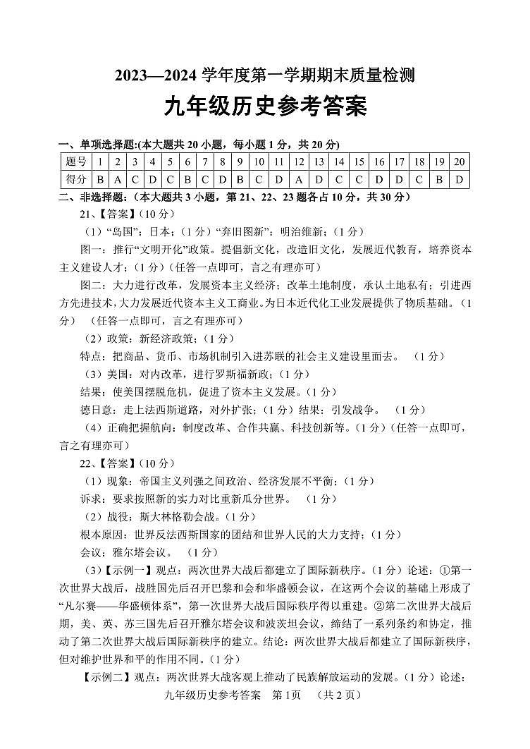 山东省菏泽市鄄城县2023-2024学年九年级上学期1月期末历史试题01