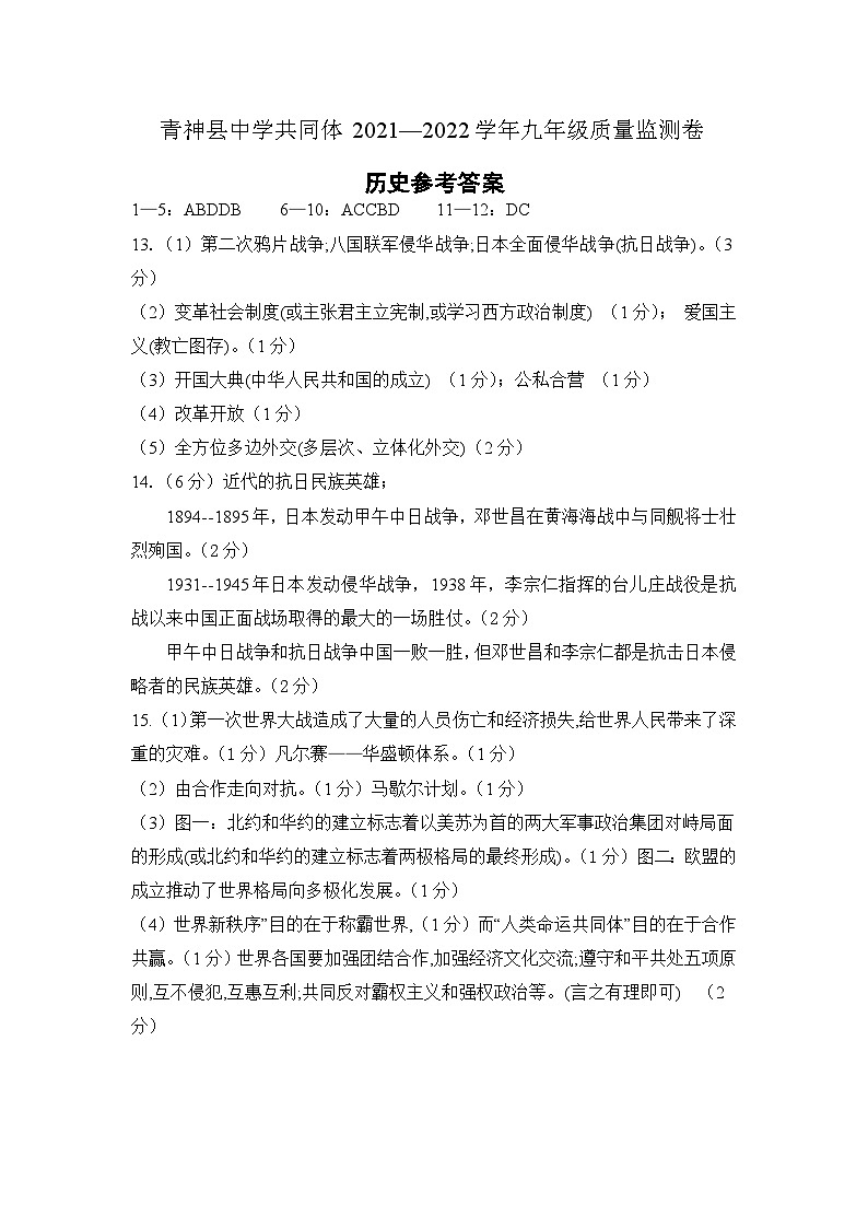四川省眉山市青神县中学共同体2021-2022学年九年级下学期质量监测卷（期中）历史试题01