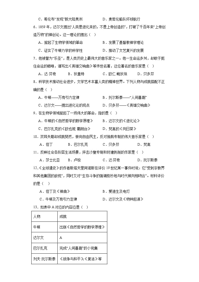 2.7近代科学与文化课堂巩固提升训练（含答案）02