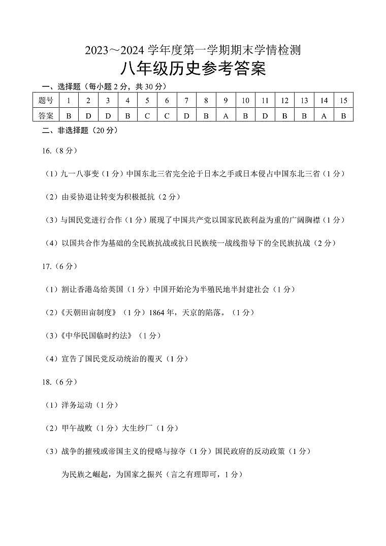 江苏省宿迁市沭阳县2023-2024学年八年级上学期1月期末历史试题第1页