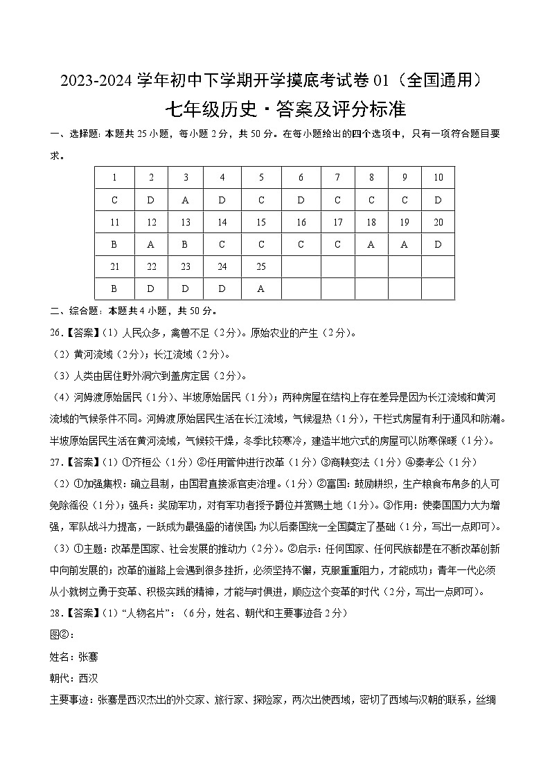 【开学摸底考】七年级历史01（全国通用）-2023-2024学年初中下学期开学摸底考试卷.zip01