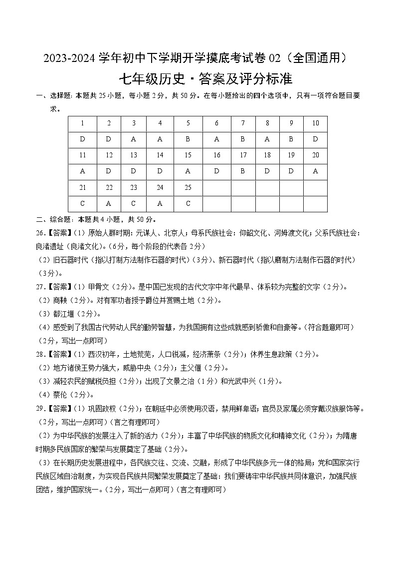【开学摸底考】七年级历史02（全国通用）-2023-2024学年初中下学期开学摸底考试卷.zip01
