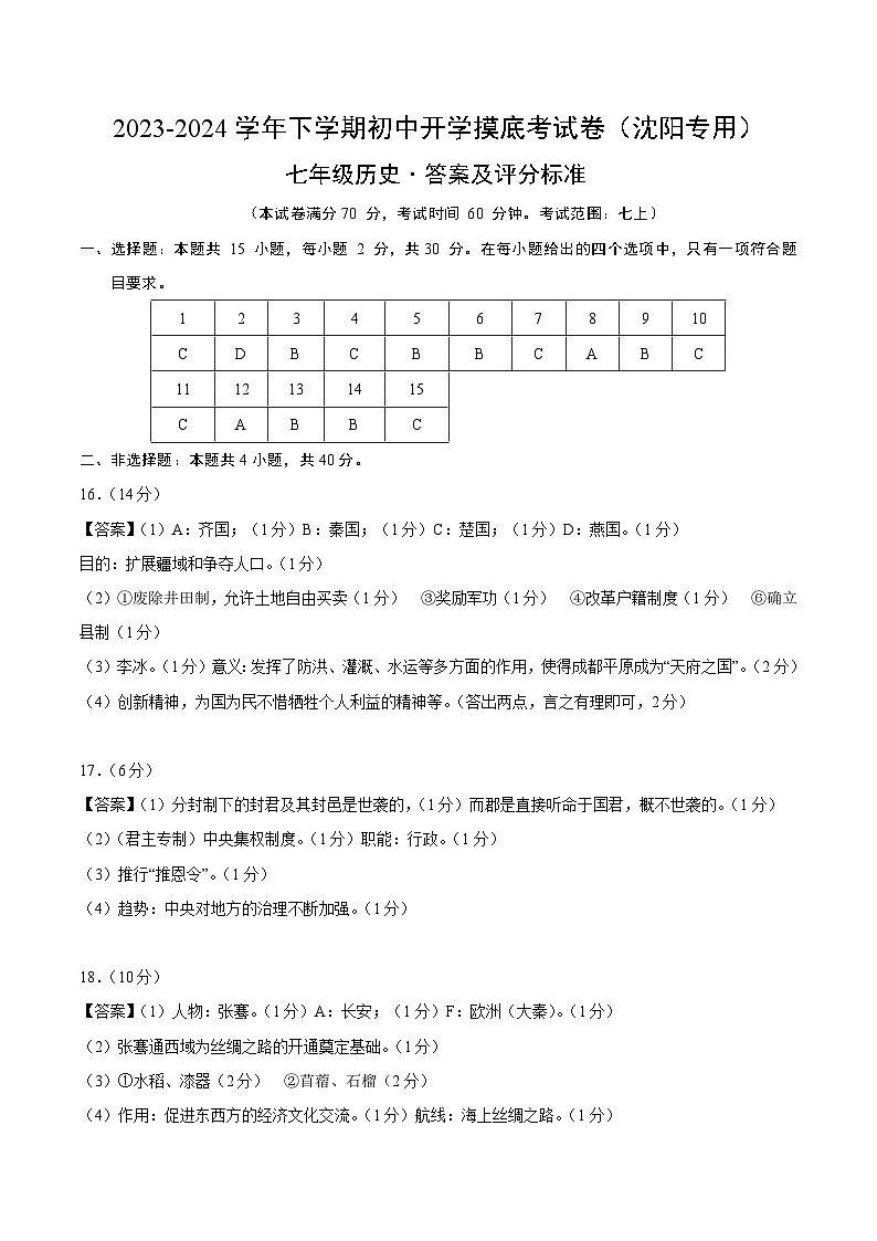 【开学摸底考】七年级历史（辽宁沈阳专用）-2023-2024学年初中下学期开学摸底考试卷.zip01