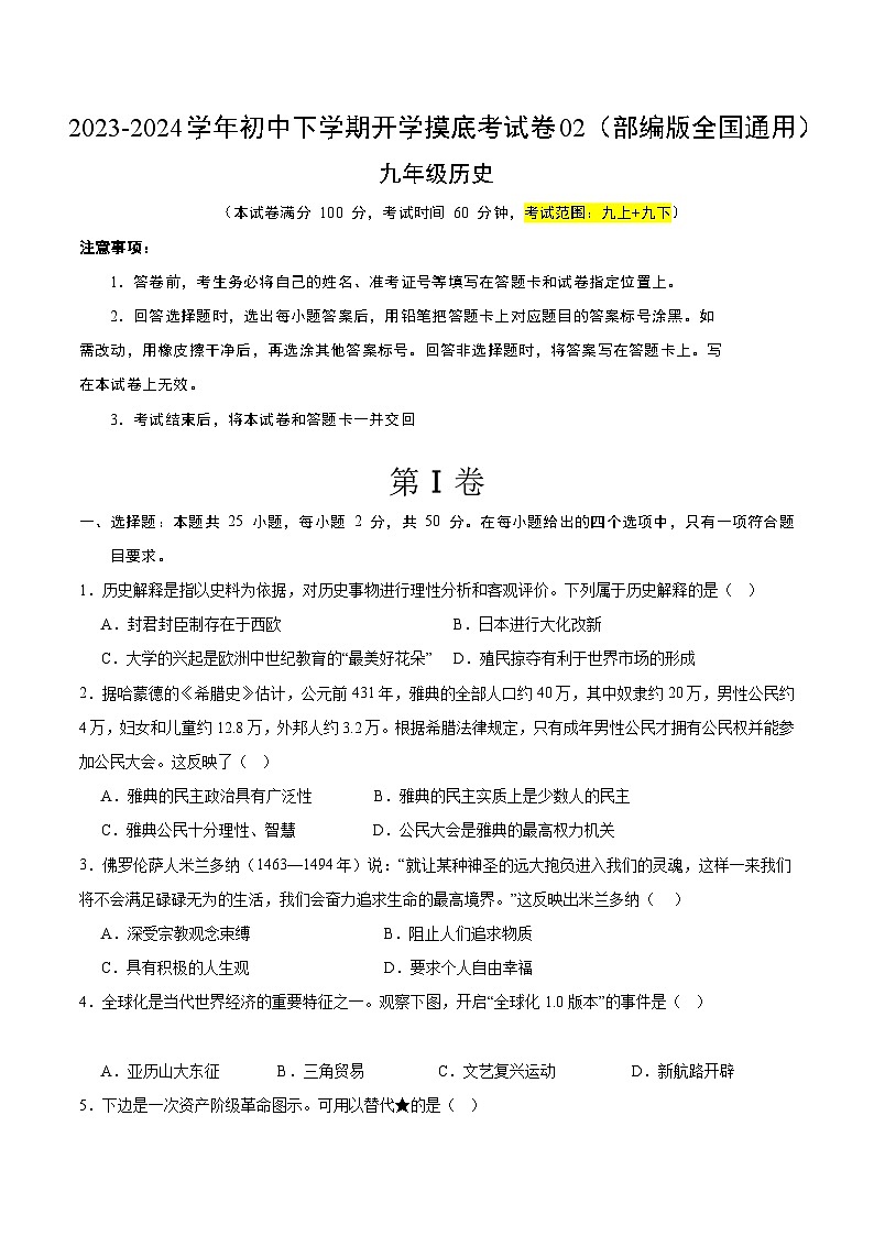 【开学摸底考试】九年级历史02（部编版全国通用）-2023-2024学年初中下学期开学摸底考试卷.zip01