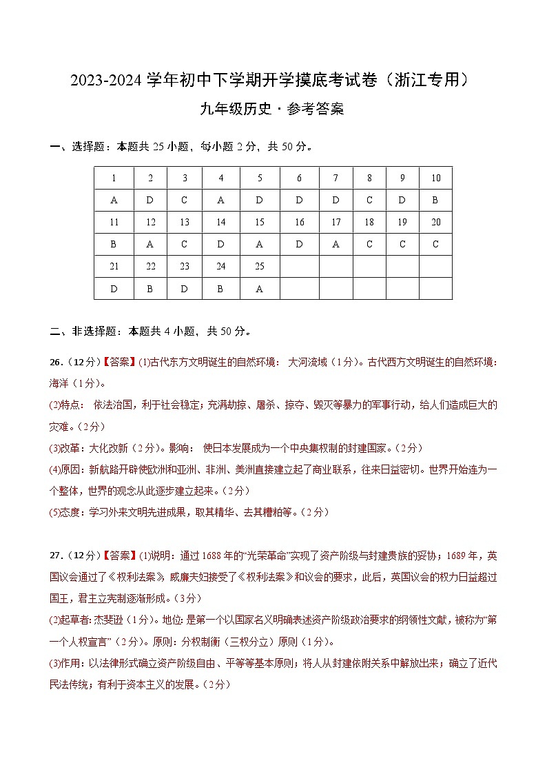 【开学摸底考试】九年级历史（浙江专用）- 2023-2024学年初中下学期开学摸底考试卷.zip01