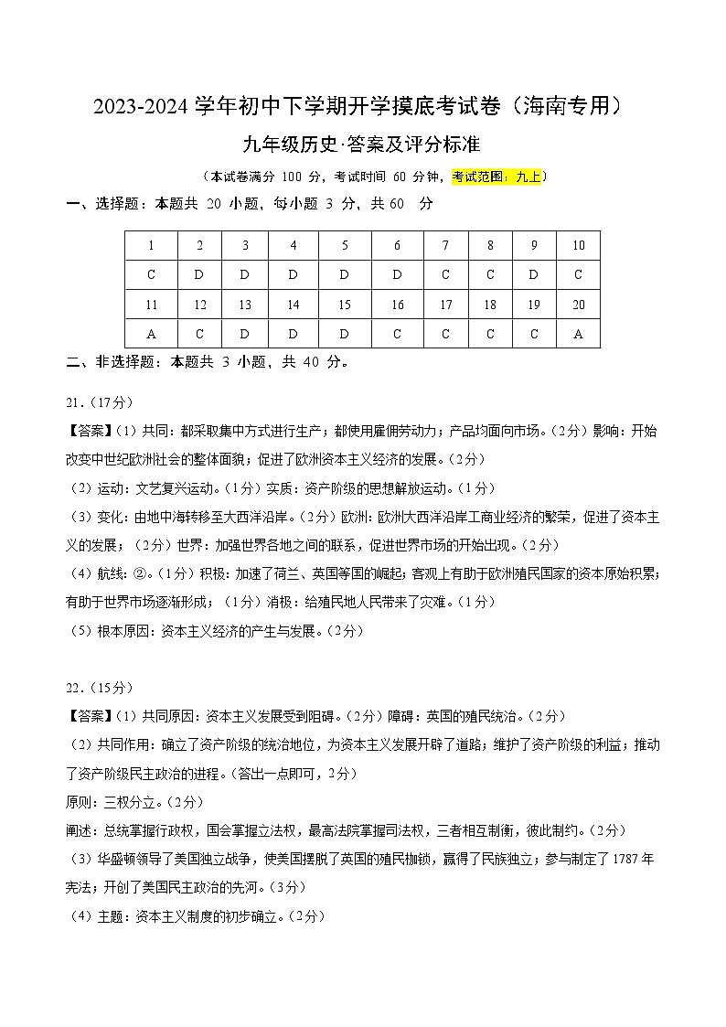 【开学摸底考试】九年级历史（海南专用）-2023-2024学年初中下学期开学摸底考试卷.zip01