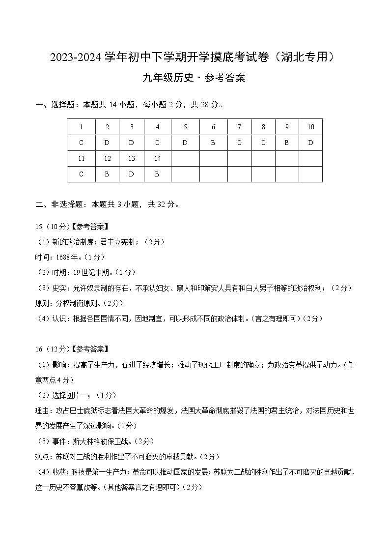 【开学摸底考试】九年级历史（湖北专用）- 2023-2024学年初中下学期开学摸底考试卷.zip01