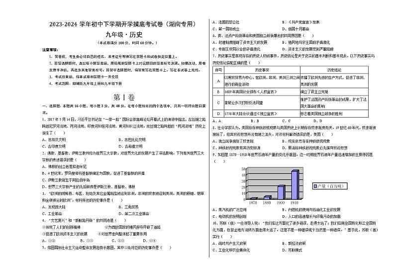 【开学摸底考试】九年级历史（湖南专用）-2023-2024学年初中下学期开学摸底考试卷.zip01