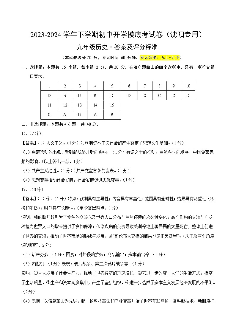 【开学摸底考试】九年级历史（辽宁沈阳专用）-2023-2024学年初中下学期开学摸底考试卷.zip01