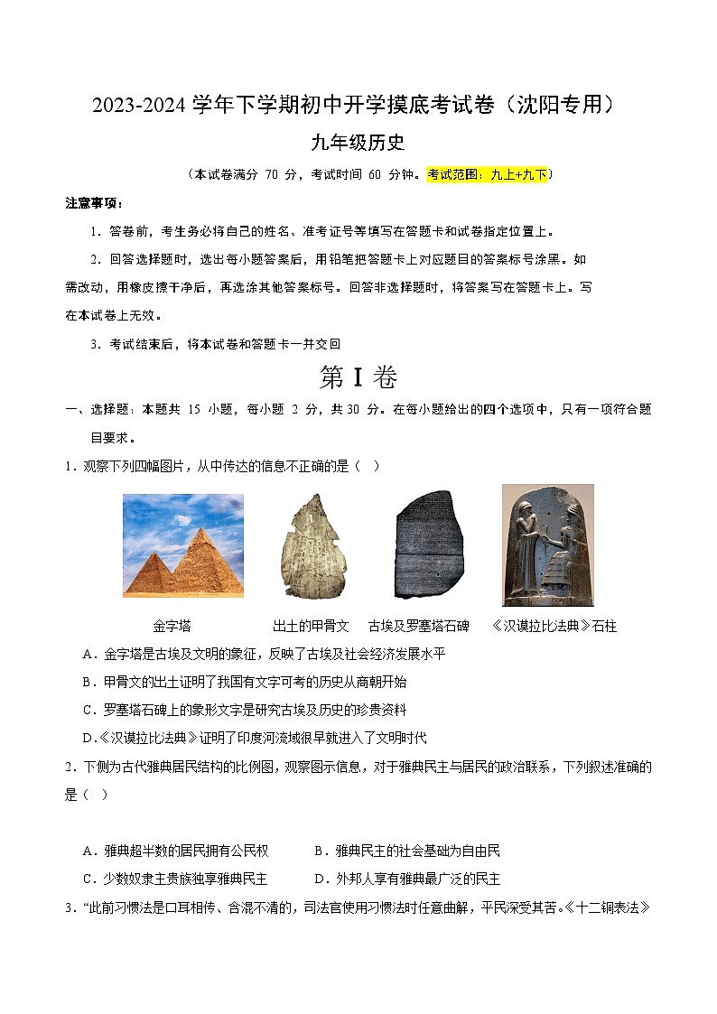 【开学摸底考试】九年级历史（辽宁沈阳专用）-2023-2024学年初中下学期开学摸底考试卷.zip01