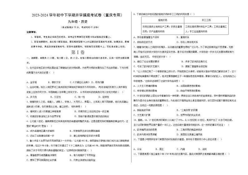 【开学摸底考试】九年级历史（重庆专用）-2023-2024学年初中下学期开学摸底考试卷.zip01