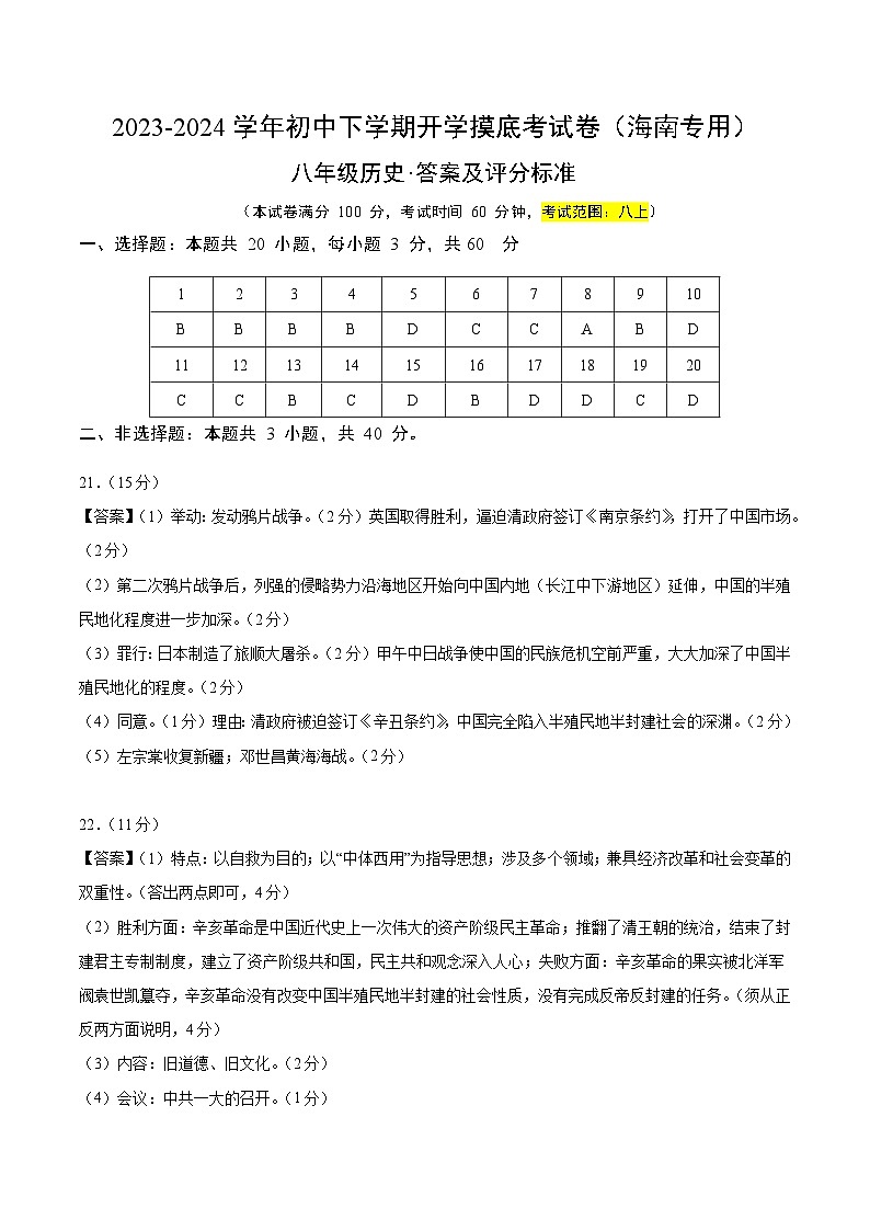 【开学摸底考】八年级历史（海南专用）-2023-2024学年初中下学期开学摸底考试卷.zip01