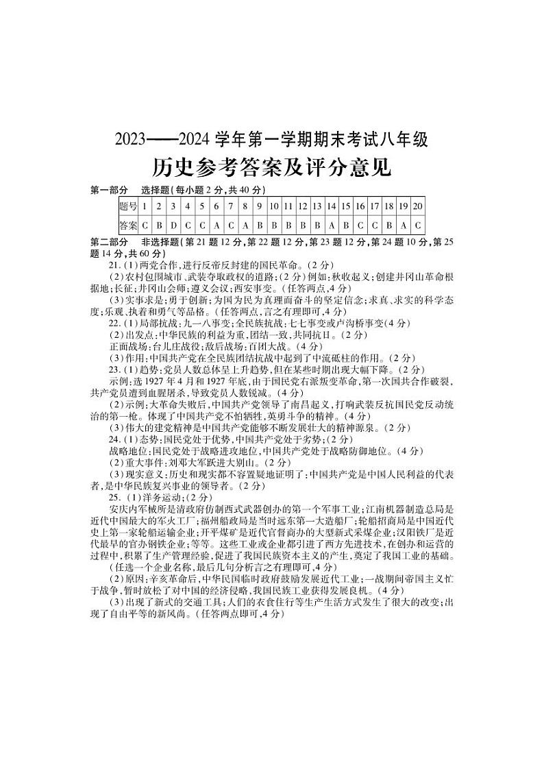 河南省洛阳市嵩县2023-2024学年八年级上学期期末考试历史试题01