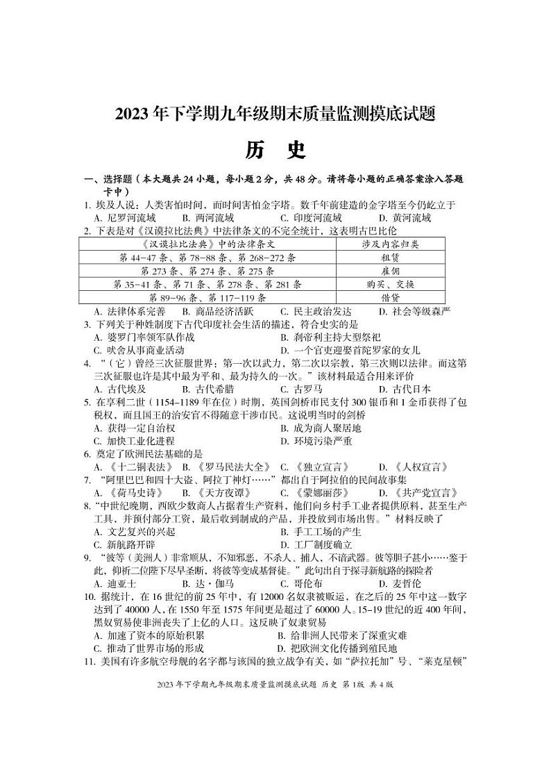 2023年下学期九年级期末质量检测试题定(历史）第1页