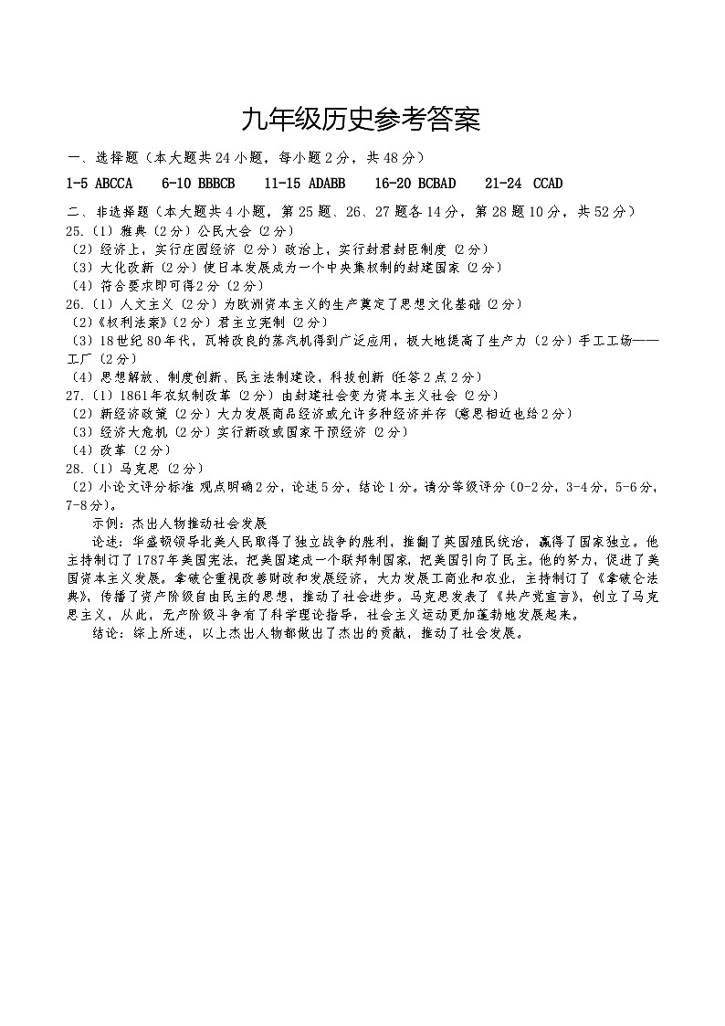 2023年下学期九年级历史参考答案第1页