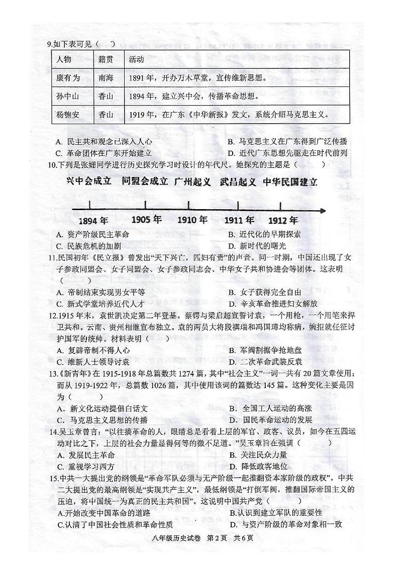广东省湛江市徐闻县2023-2024学年八年级上学期期末教学调研测试历史试卷02