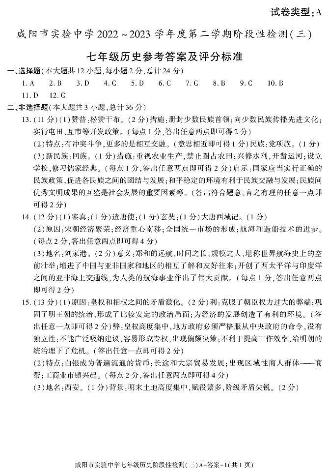 陕西省咸阳市实验中学2022-2023学年七年级下学期阶段检测（月考）（三）历史试题01