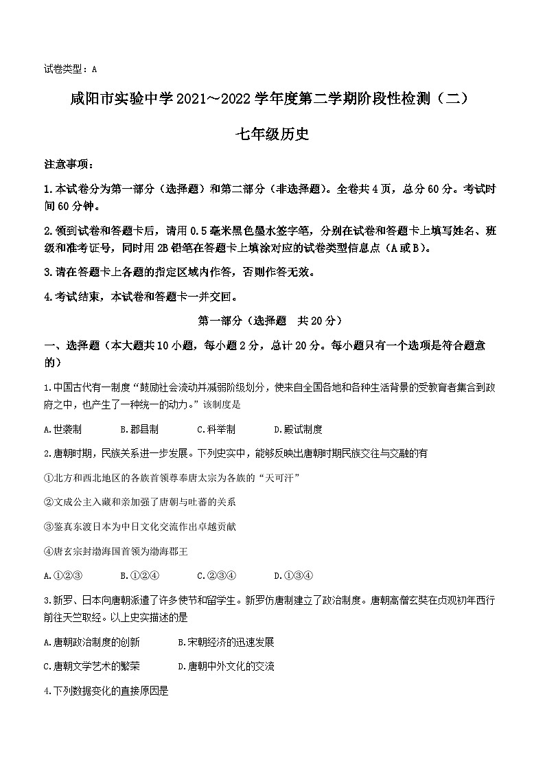 陕西省咸阳市实验中学2021-2022学年七年级下学期阶段性检测（二）历史试题（月考）01