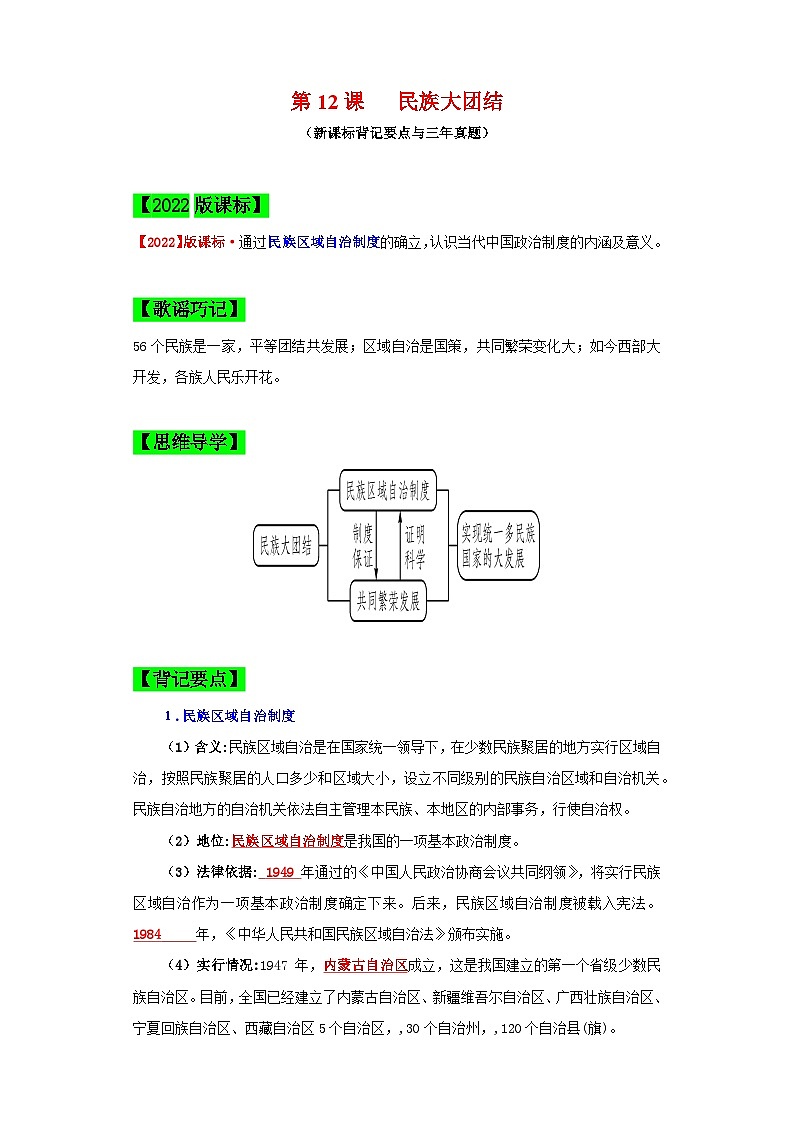 （新课标版）八年级历史下册期末复习背记要点 第12课  民族大团结（原卷版+解析）01