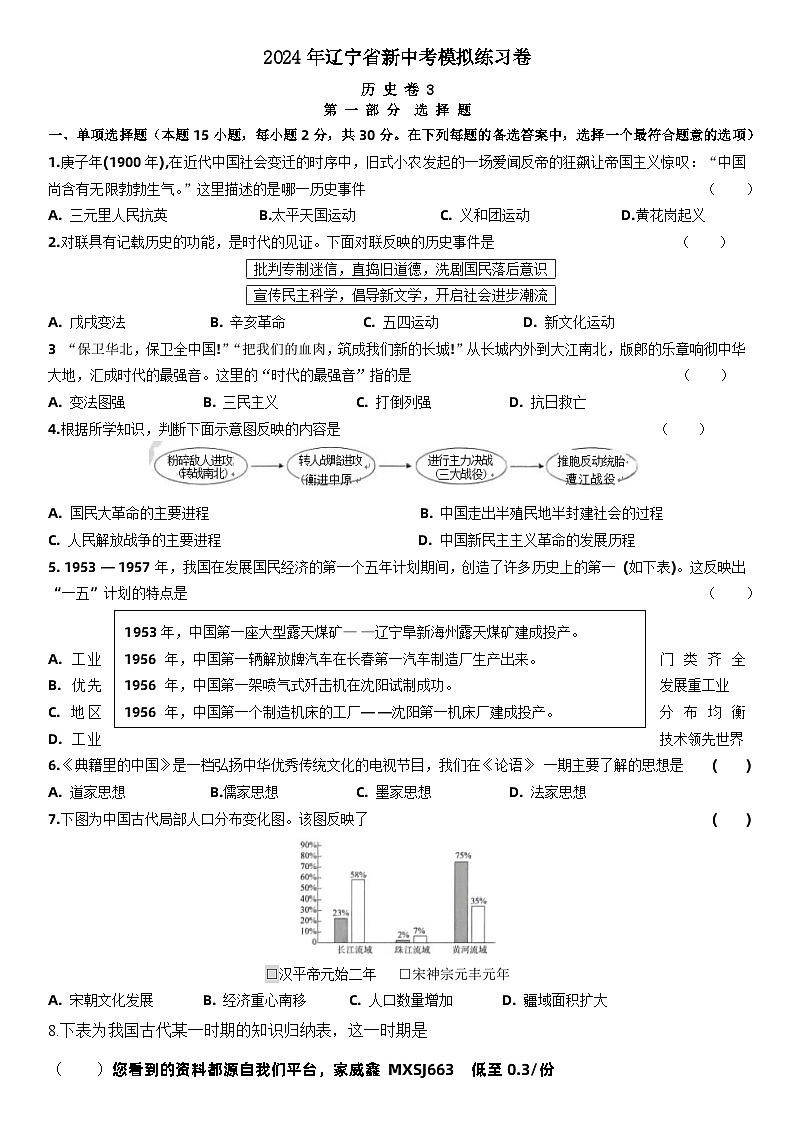 2024年辽宁省新中考历史模拟练习卷（三）第1页