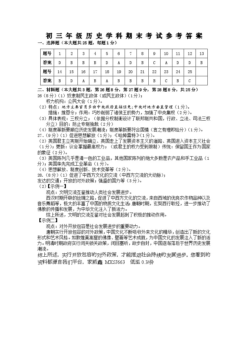 江苏省扬州中学教育集团树人学校2023-2024学年九年级上学期期末历史试卷01