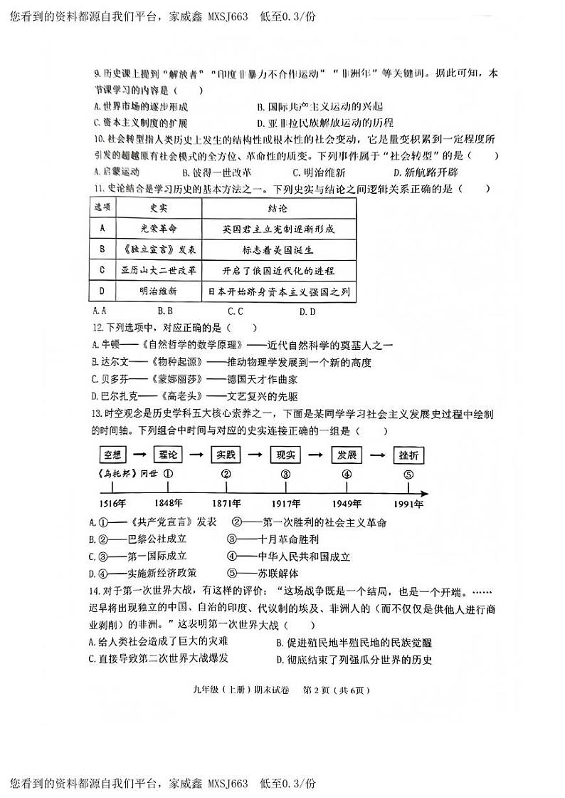 江西省赣州市经开区2023-2024学年部编版九年级历史上学期期末试卷(1)02