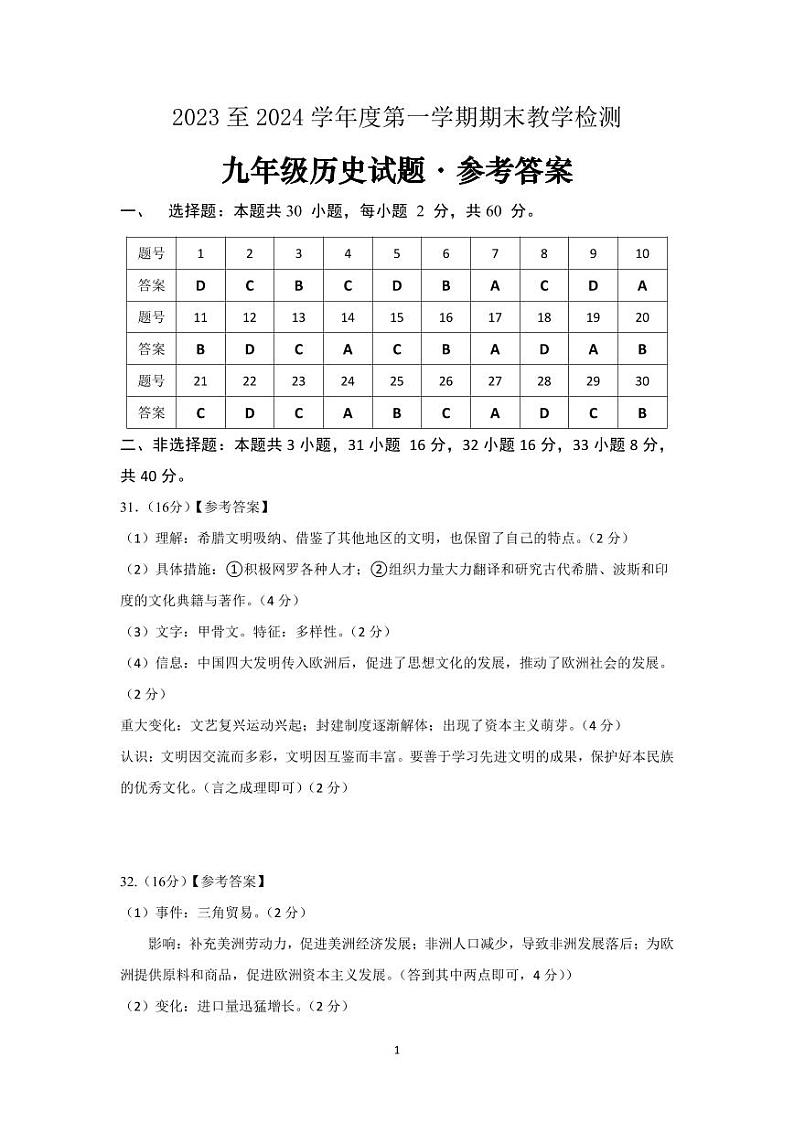 广东省河源市和平县2023-2024学年九年级上学期期末考试历史试题第1页