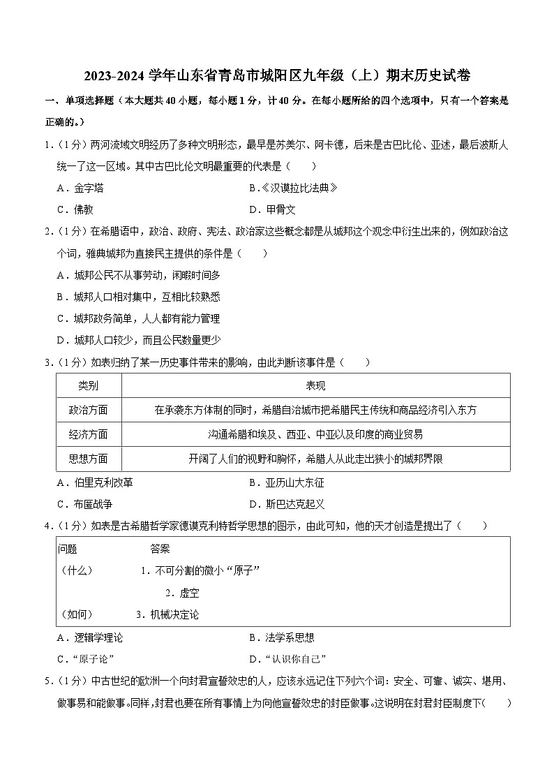 山东省青岛市城阳区2023-2024学年九年级上学期期末历史试卷（含解析）01