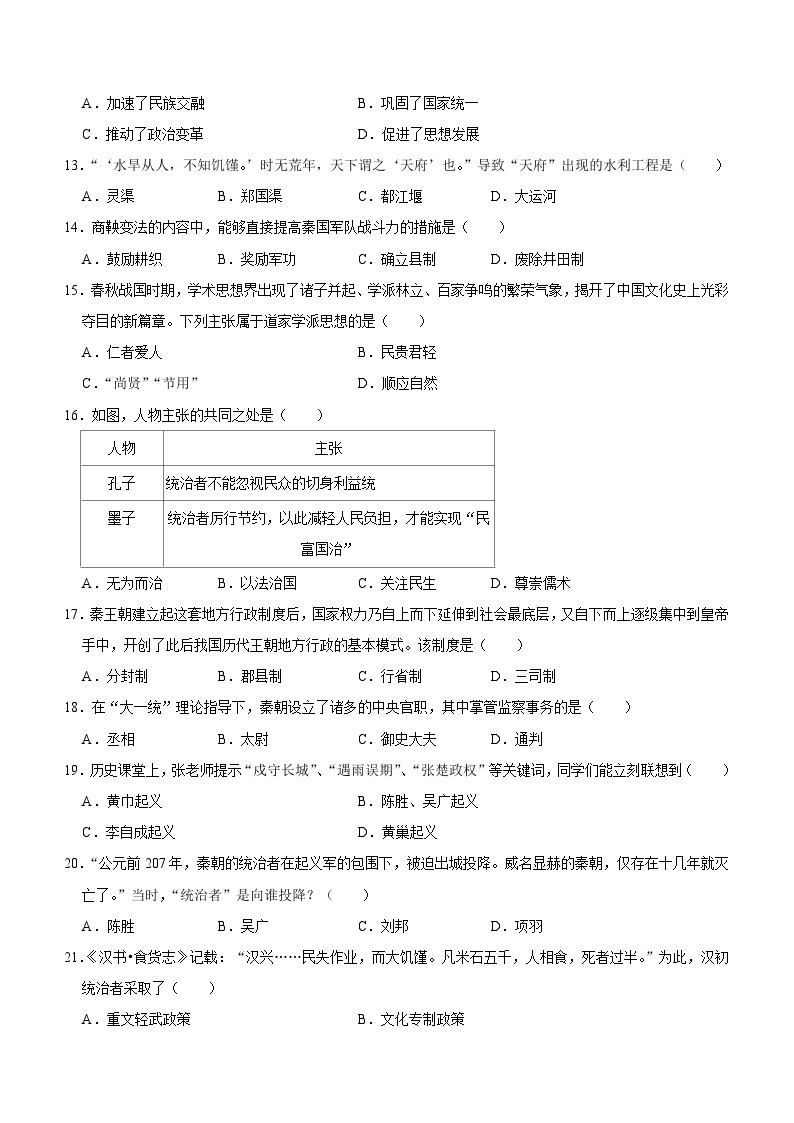 河南省郑州市重点中学2023-2024学年七年级上学期期中评估调研历史试题(无答案)03