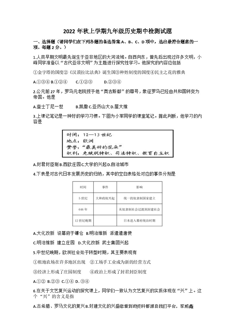 湖北省武汉市新洲区阳逻街三校（一中、三中、思源）2022-2023学年九年级上学期期中历史试题第1页