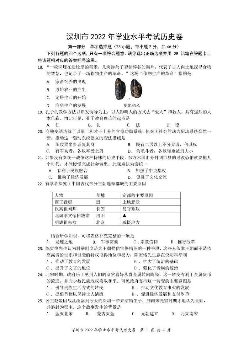 2022年深圳市中考历史试卷+答案01