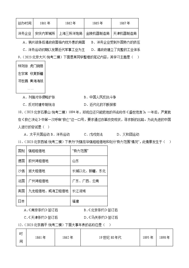 近代化的早期探索与民族危机的加剧 练习题（含解析） 2024年北京市九年级历史中考一轮复习第3页